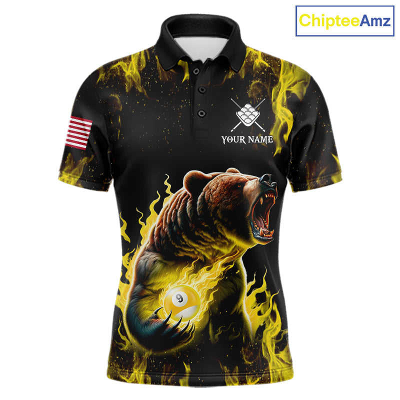 Custom yellow flaming 9 ball pool bear billiard team jersey polo shirt for men featuring a fierce bear with blazing flame artwork, premium pool league apparel for tournaments and competitive play.