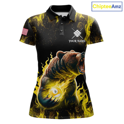 Custom yellow flaming 9 ball pool bear billiard team jersey polo shirt for women featuring a fierce bear with blazing flame artwork, premium pool league apparel for tournaments and competitive play.