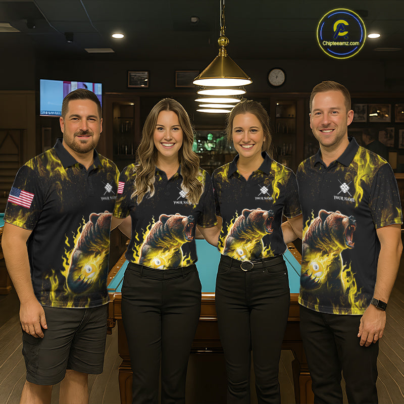 Billiard team wearing matching custom yellow flaming 9 ball pool bear team jerseys featuring the bold fire bear design, front view.