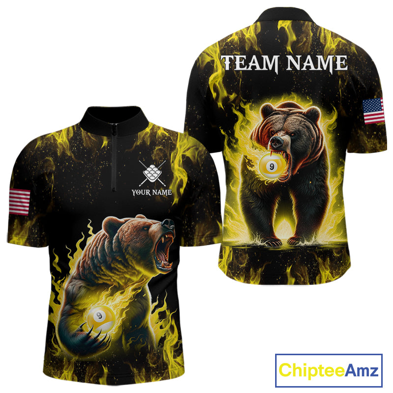 Custom yellow flaming 9 ball pool bear billiard team jersey quarter zip shirt for men featuring an aggressive flaming bear design for pool league competition.