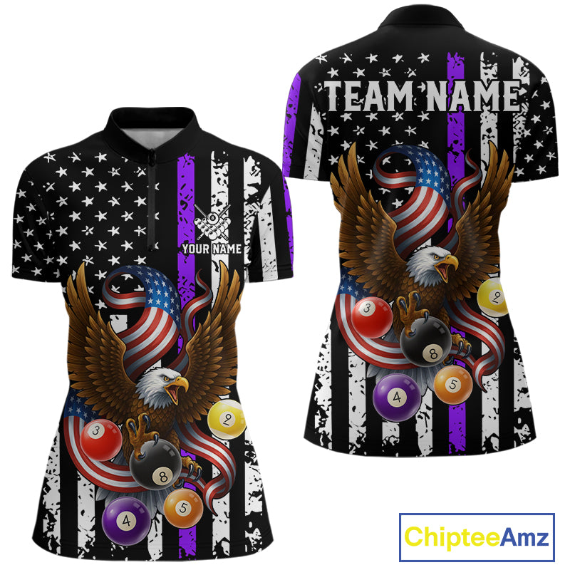 Billiard Eagle American Flag Stripes Pool Jersey For Women Custom Patriotic Billiard Shirt|Purple TDM4984