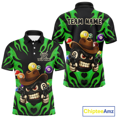 Personalized Green Funny Flame 8 Ball Billiard Shirt For Men Custom Pool Team Jersey Polo, 1/4 Zip TDM4985