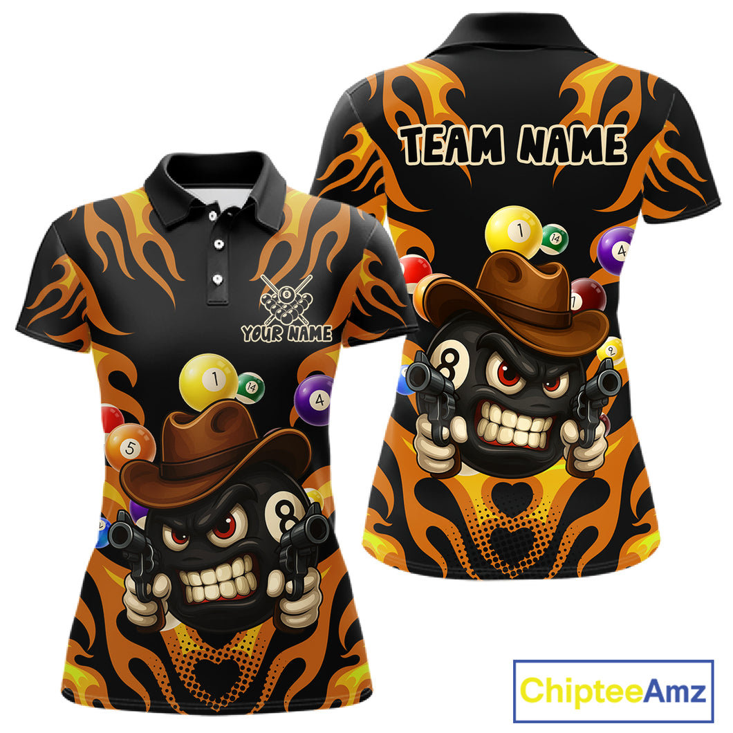 Orange Funny Flame 8 Ball Billiard Shirt For Women Custom Pool Team Jersey Polo & Quarter Zip TDM4986