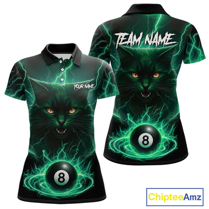 Turquoise 8 Ball Lightning Cat Billiard Shirt For Women Custom Pool Team Jersey Polo & 1/4 Zip TDM5697
