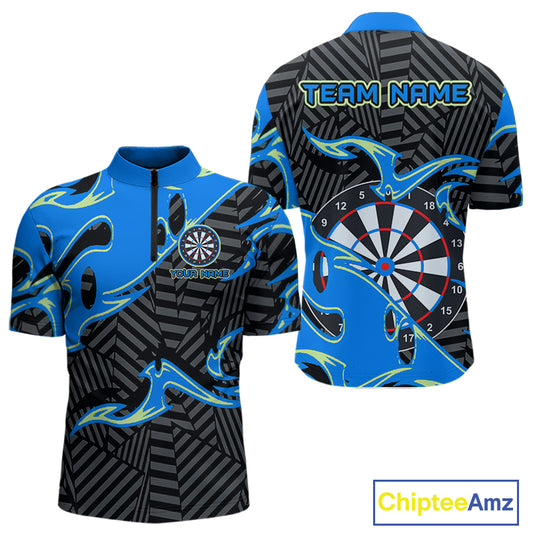 Custom Black And Blue Tribal Flame Dart Shirts For Men, Darts Team Jerseys Polo & Quarter Zip TDM3970