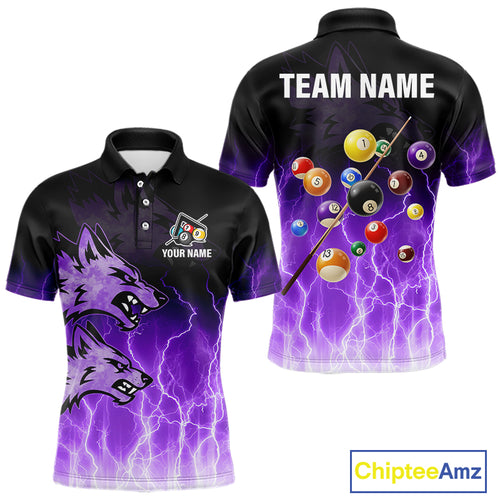 Custom Billiard Shirt For Men, Purple Thunder Lightning Wolf Pool Balls Team Jersey Polo & 1/4 Zip TDM4559
