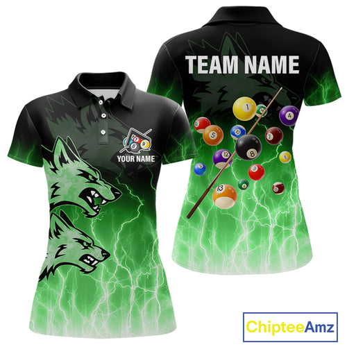Custom Billiard Shirt For Women, Green Thunder Lightning Wolf Pool Balls Team Jersey Polo & 1/4 Zip TDM4560