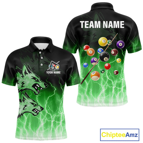 Custom Billiard Shirt For Men, Green Thunder Lightning Wolf Pool Balls Team Jersey Polo & 1/4 Zip TDM4560