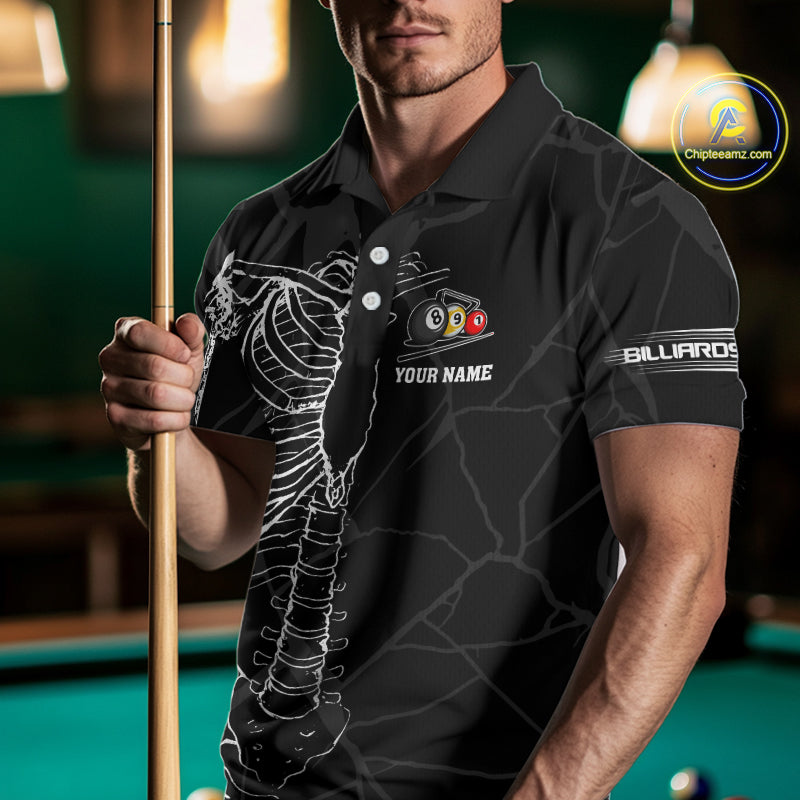 White Skeleton Custom Black Grunge Billiard Shirts For Men, Funny Billiard Jerseys Short Sleeve TDM2723