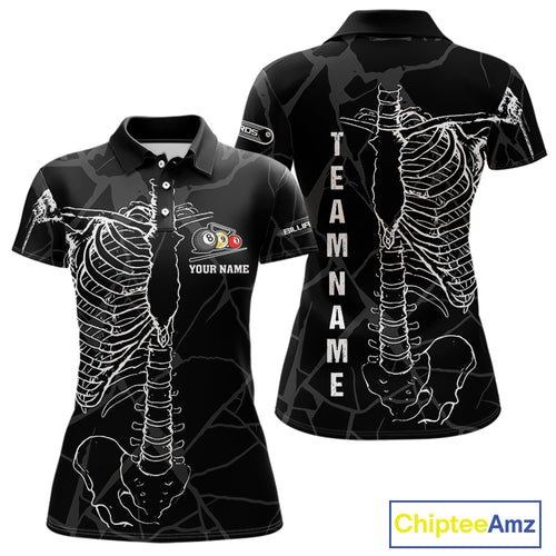 White Skeleton Custom Black Grunge Billiard Shirts For Women, Funny Billiard Jerseys Short Sleeve TDM2723