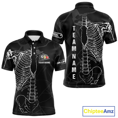 White Skeleton Custom Black Grunge Billiard Shirts For Men, Funny Billiard Jerseys Short Sleeve TDM2723