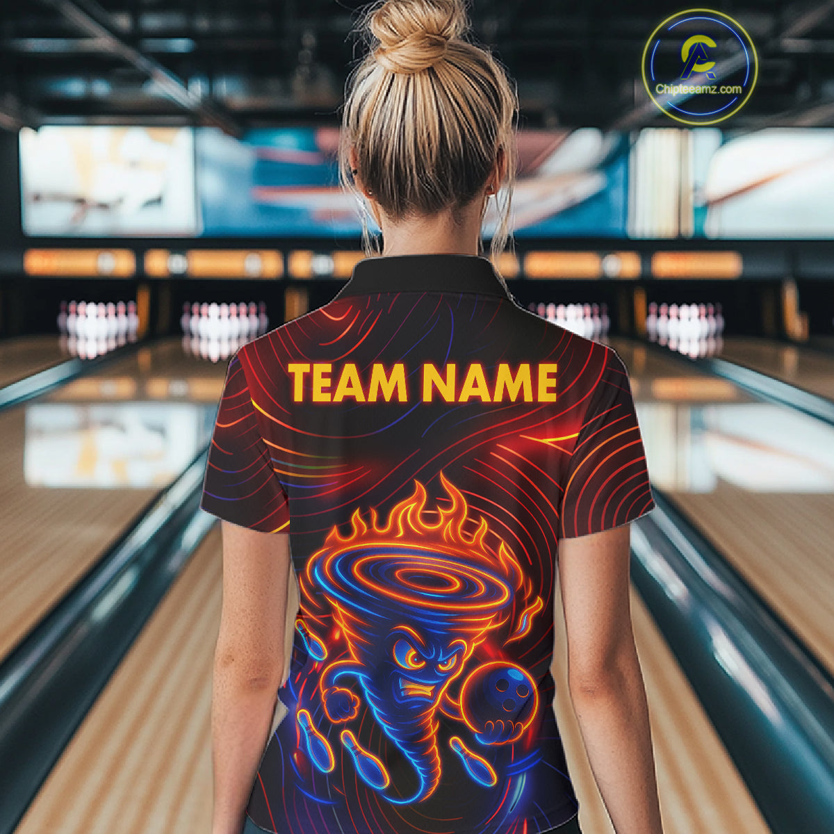 Funny Neon Tornado Flame Bowling Jersey For Women Custom Bowling Shirt Team Polo & Quarter Zip TDM5447