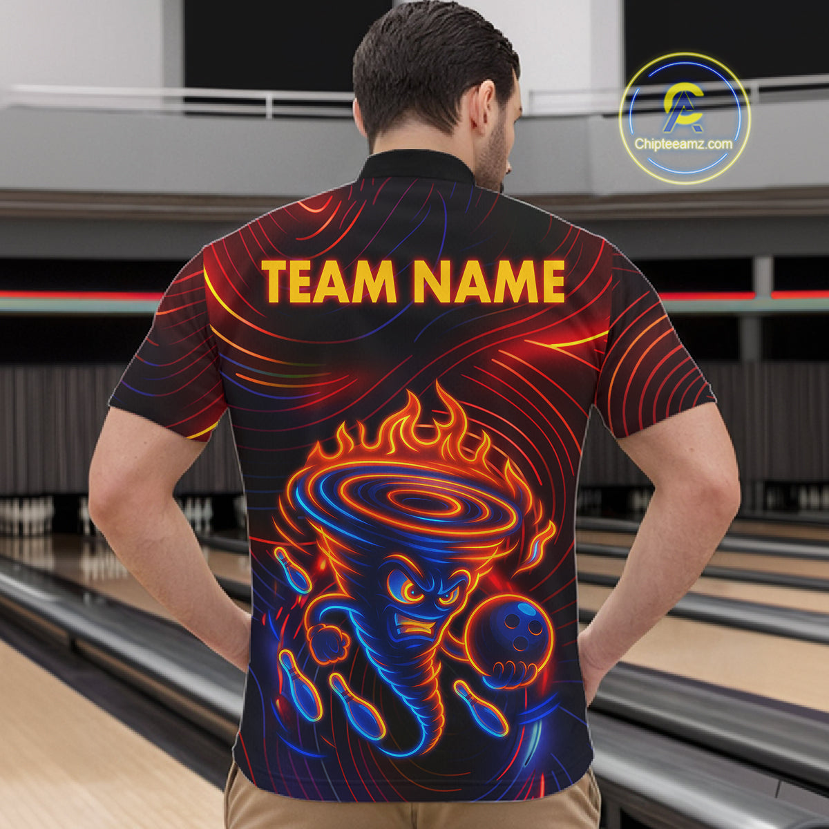 Funny Neon Tornado Flame Bowling Jersey For Men Custom Bowling Shirt Team Polo & Quarter Zip TDM5447