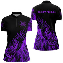 Load image into Gallery viewer, Black And Purple Dartboard Fire Flame Darts Polo, Quarter Zip Custom Dart Shirt For Women Dart Jersey TDM3409