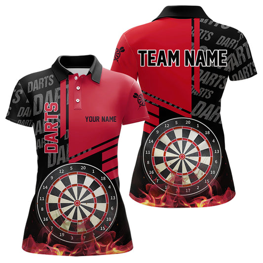 Black And Red Fire Darts Shirts For Women Custom Darts League Team Jerseys Darts Polo & 1/4 Zip TDM3412