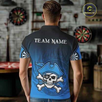 Black And Blue Funny Pirate Flame Skull Darts Shirt For Men Custom Dart Jersey Team Polo, 1/4 Zip TDM5703