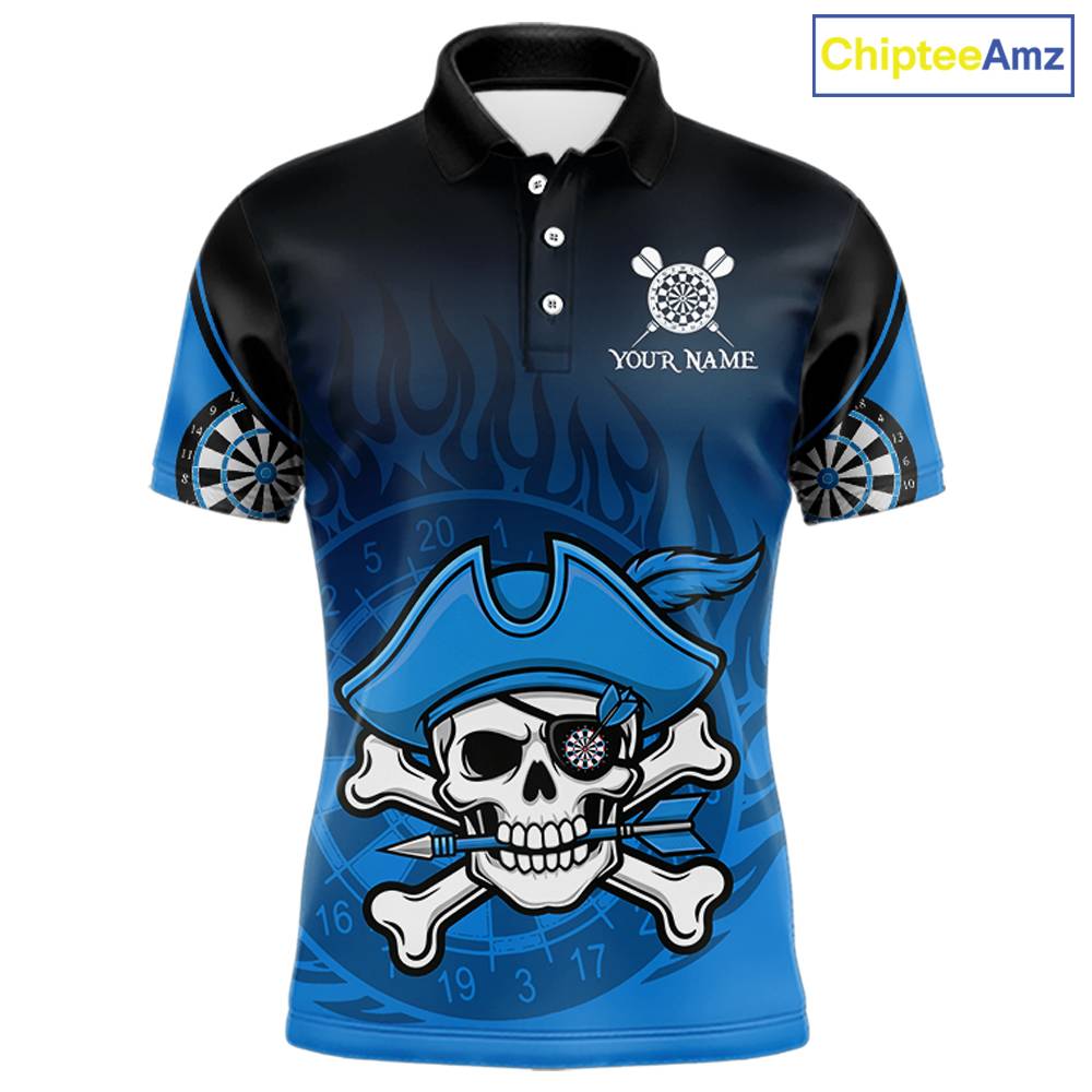 Black And Blue Funny Pirate Flame Skull Darts Shirt For Men Custom Dart Jersey Team Polo, 1/4 Zip TDM5703