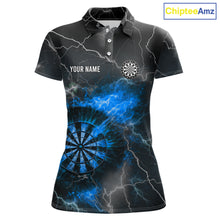 Load image into Gallery viewer, Custom Lightning Flame Darts Shirt For Women, Darts Jersey Pocket Option|Blue TDM5913