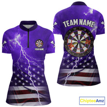 Load image into Gallery viewer, Purple Lightning US Flag Dart Shirt For Women Custom Dart Jersey Pocket Option TDM5916