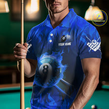 Load image into Gallery viewer, Personalized Blue 8 Ball Fire Flame Billiard Shirt For Men, Pool Team Jersey Polo &amp; 1/4 Zip TDM1434