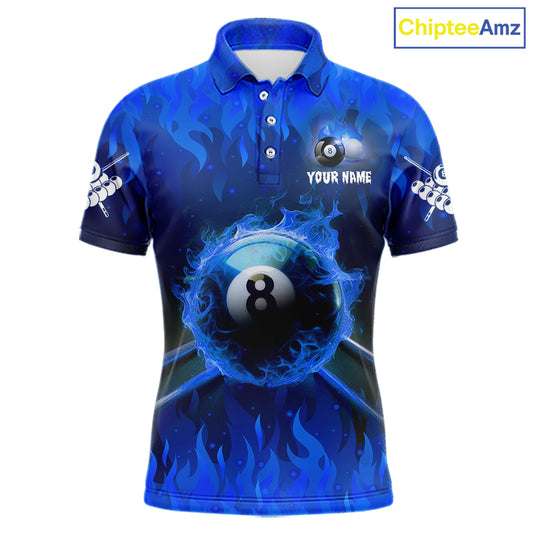 Personalized Blue 8 Ball Fire Flame Billiard Shirt For Men, Pool Team Jersey Polo & 1/4 Zip TDM1434