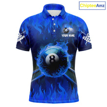 Load image into Gallery viewer, Personalized Blue 8 Ball Fire Flame Billiard Shirt For Men, Pool Team Jersey Polo &amp; 1/4 Zip TDM1434