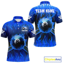 Load image into Gallery viewer, Personalized Blue 8 Ball Fire Flame Billiard Shirt For Men, Pool Team Jersey Polo &amp; 1/4 Zip TDM1434