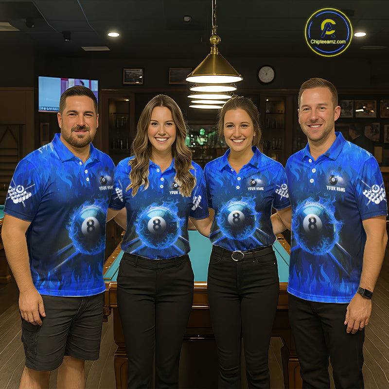 Personalized Blue 8 Ball Fire Flame Billiard Shirt For Men, Pool Team Jersey Polo & 1/4 Zip TDM1434