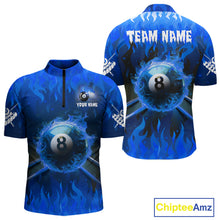Load image into Gallery viewer, Personalized Blue 8 Ball Fire Flame Billiard Shirt For Men, Pool Team Jersey Polo &amp; 1/4 Zip TDM1434