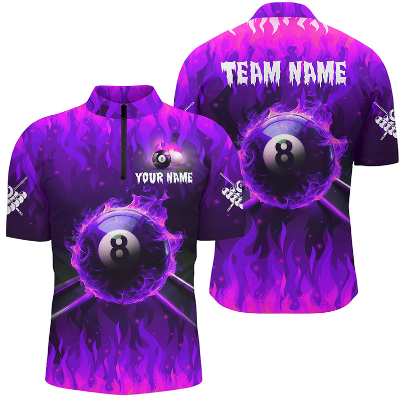 Personalized Purple 3D 8 Ball Pool &  Fire Men Quarter-Zip Shirt Custom Billiard Apparel TDM1436