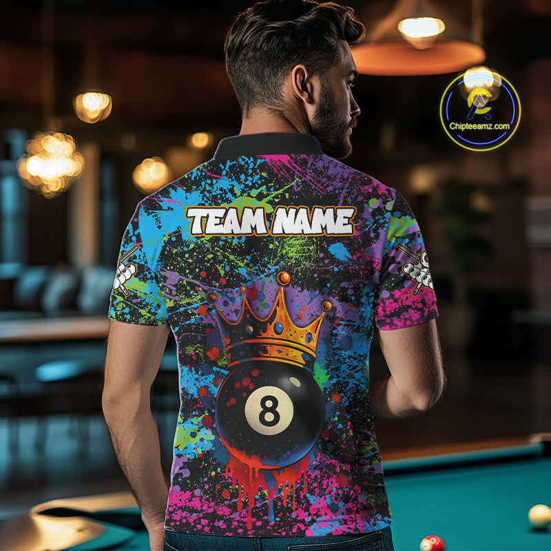 Funny 8 Ball Crown Colorful Paint Splash Custom Billiard Shirt For Men, Billiard Team Jerseys TDM3982