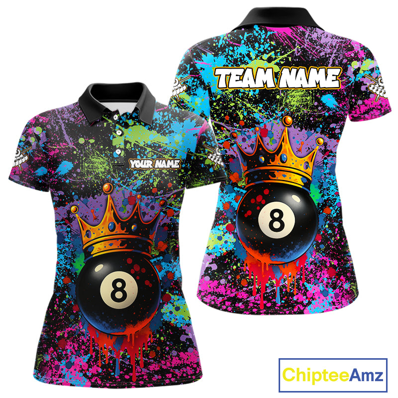 Funny 8 Ball Crown Colorful Paint Splash Custom Billiard Shirt For Women, Billiard Team Jerseys TDM3982
