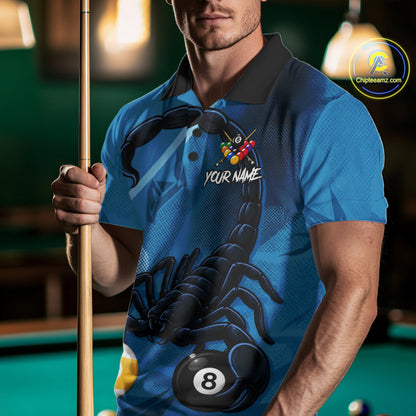 Custom Blue 8 Ball & 9 Ball Scorpion Billiard Shirt For Men, Billiard Team Jersey Polo & 1/4 Zip TDM6495