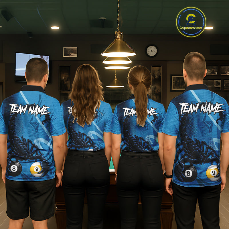 Custom Blue 8 Ball & 9 Ball Scorpion Billiard Shirt For Men, Billiard Team Jersey Polo & 1/4 Zip TDM6495