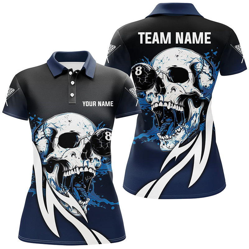 Funny Blue Billiard Skull 8 Ball Pool Custom Women Polo & Quarter-Zip Shirts, Billiard Team Jerseys TDM1805