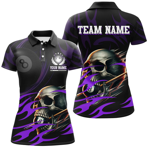 Funny Skull 8 Ball Pool Custom Women Billiard Polo & Quarter-Zip Shirt, Purple Billiard 8 Ball Jersey TDM2006