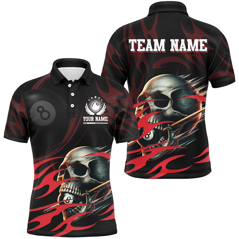 Funny Skull 8 Ball Pool Custom Men Billiard Polo & Quarter-Zip Shirts, Billiard 8 Ball Jerseys |Red TDM2007