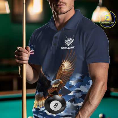 Man wearing blue camo eagle 8 ball billiard pool team jersey polo shirt featuring blue camouflage eagle artwork, front view.