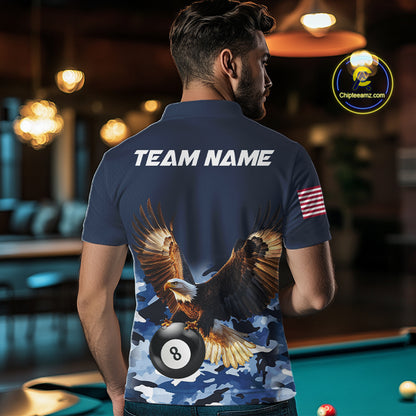 Man wearing blue camo eagle 8 ball billiard pool team jersey polo shirt featuring blue camouflage eagle artwork, back view.