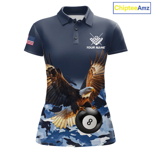 Blue camo eagle 8 ball billiard pool team jersey polo shirt for women featuring blue camouflage artwork with a detailed eagle design, premium custom billiard league apparel for tournaments and league competition.