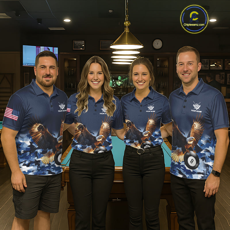 Billiard team wearing matching blue camo eagle 8 ball pool team jerseys featuring camouflage eagle graphics, front view.