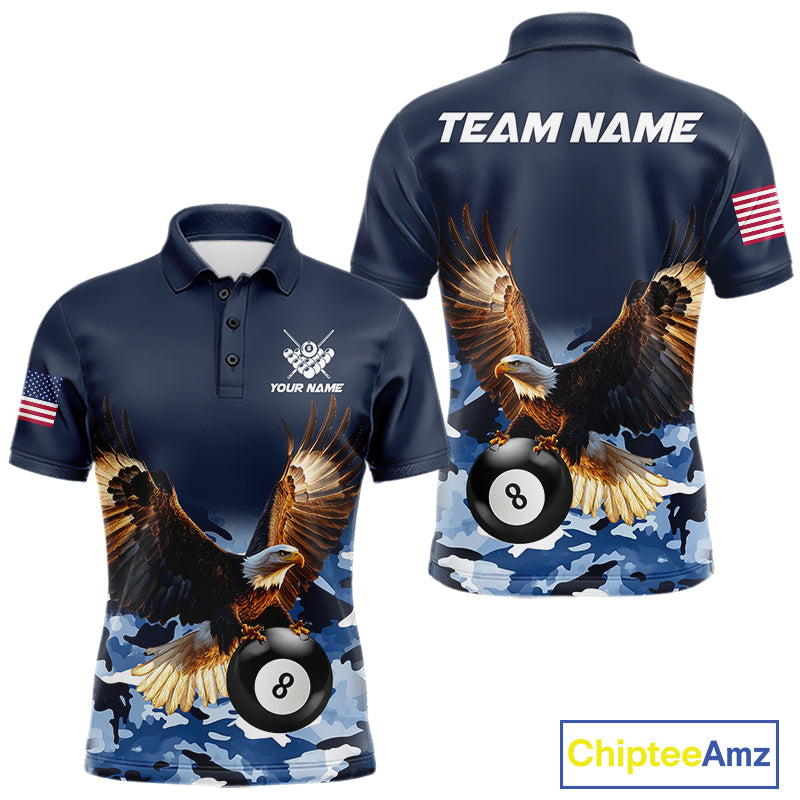 Blue camo eagle 8 ball billiard pool team jersey polo shirt for men featuring blue camouflage artwork with a detailed eagle design, premium custom billiard league apparel for tournaments and league competition.