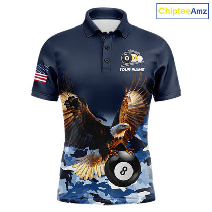 Blue camo eagle 8 ball and 9 ball pool billiard team jersey polo shirt for men featuring blue camouflage artwork with a powerful eagle, premium custom pool league apparel for tournaments and team competition.