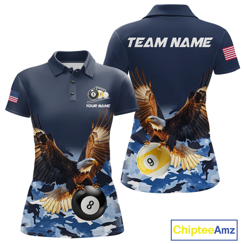Blue camo eagle 8 ball and 9 ball pool billiard team jersey polo shirt for women featuring blue camouflage artwork with a powerful eagle, premium custom pool league apparel for tournaments and team competition.