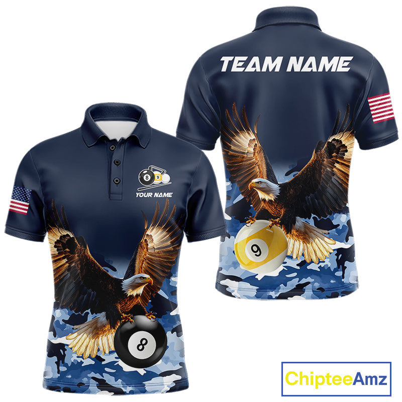 Blue camo eagle 8 ball and 9 ball pool billiard team jersey polo shirt for men featuring blue camouflage artwork with a powerful eagle, premium custom pool league apparel for tournaments and team competition.