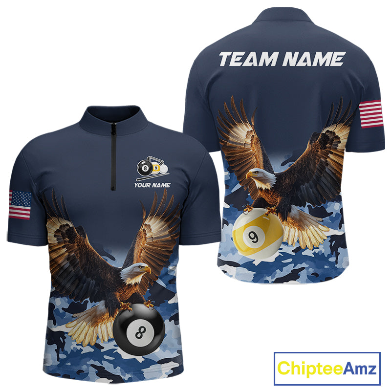Blue camo eagle 8 ball and 9 ball pool billiard team jersey quarter zip shirt for men featuring premium blue camouflage eagle graphics for competitive pool players.