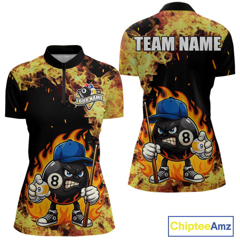 Personalized Billiard Flame Funny 8 Ball Pool Polo & 1/4 Zip For Women Custom Billiard Team Jersey TDM5201