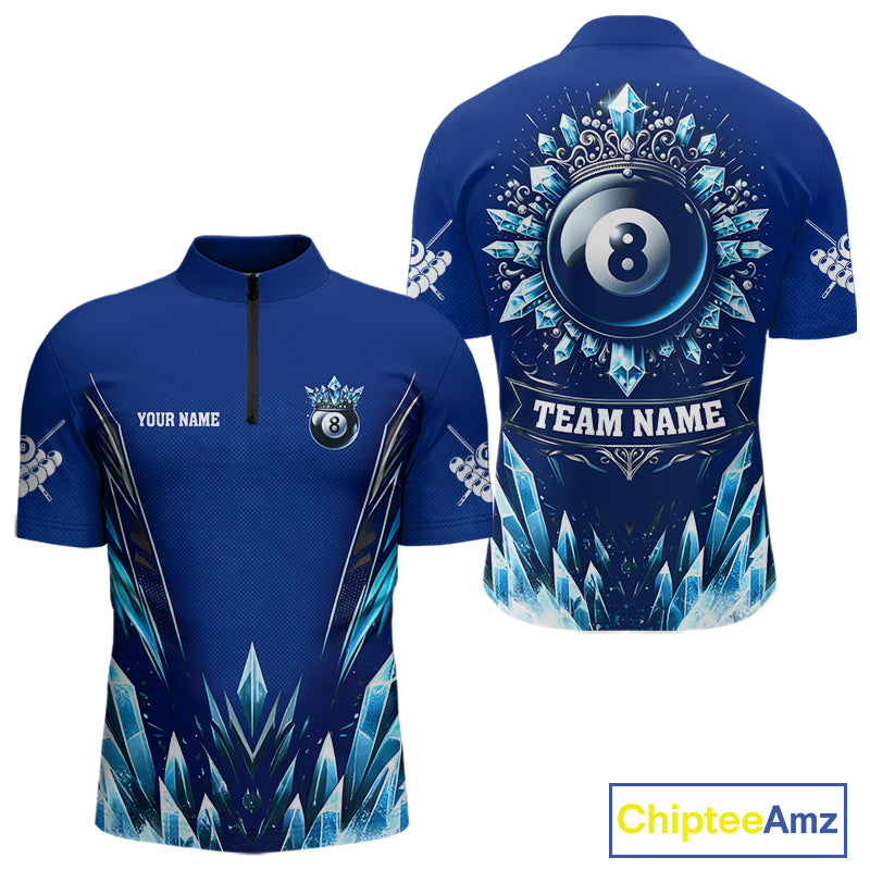 Blue 8 Ball Pool Icy Billiard Polo & 1/4 Zip For Men Custom Billiard League Team Jersey TDM5715