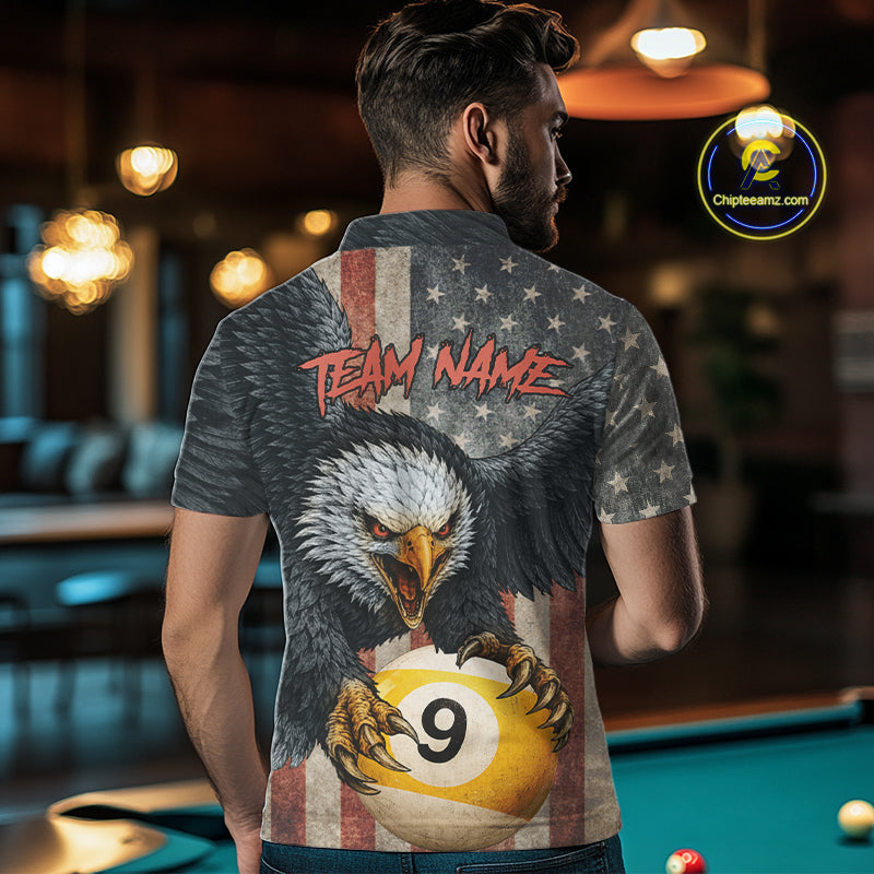 Personalized 8 Ball & 9 Ball Vintage American Flag Eagle Billiard Shirt For Men, Pool Team Jersey TDM5720
