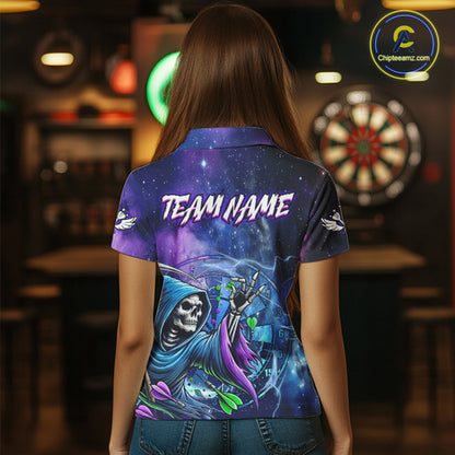 Grim Reaper Blue Purple Galaxy Dart Shirts For Women Custom Darts Jerseys TDM3561